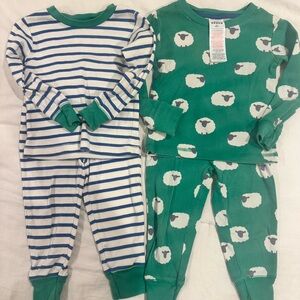 Mini Boden Green Sheep and Blue Stripe Pajama Set